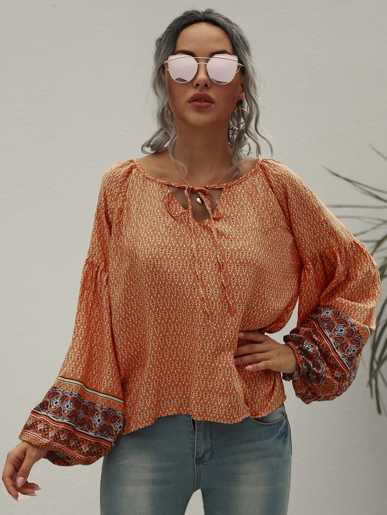 Vintage Boho Print Tie Blouse