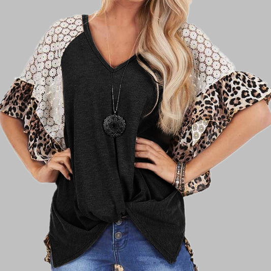 Leopard Patchwork Batwing Sleeve Top